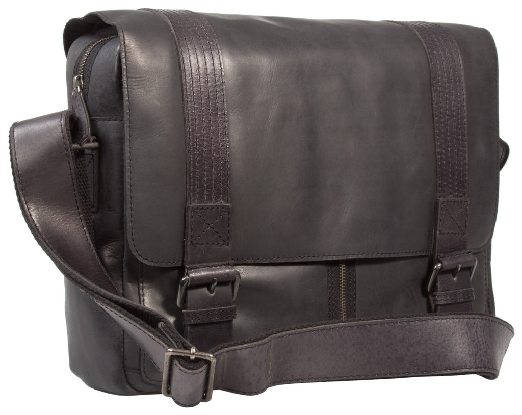 UBERBAG GREY BLACK LEATHER MILITARY MESSENGER / MAN BAG