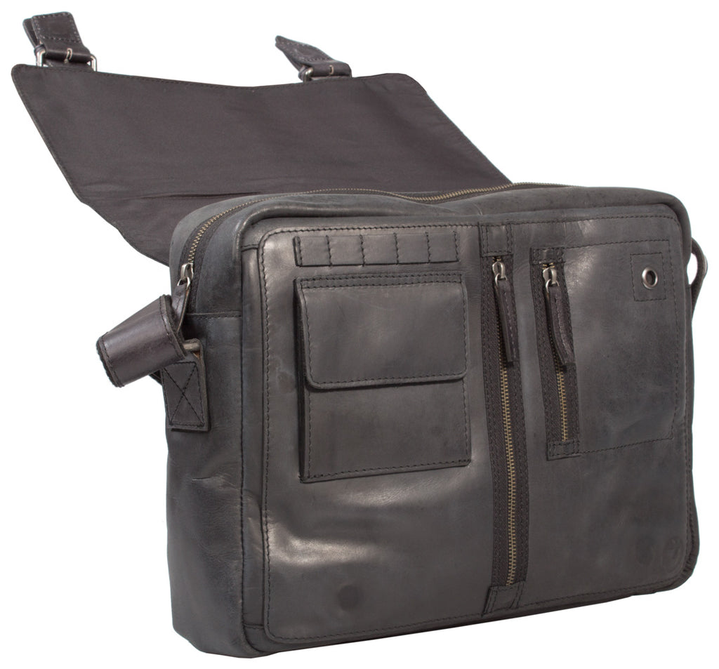 UBERBAG GREY BLACK LEATHER MILITARY MESSENGER / MAN BAG