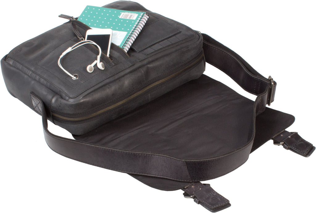 UBERBAG GREY BLACK LEATHER MILITARY MESSENGER / MAN BAG