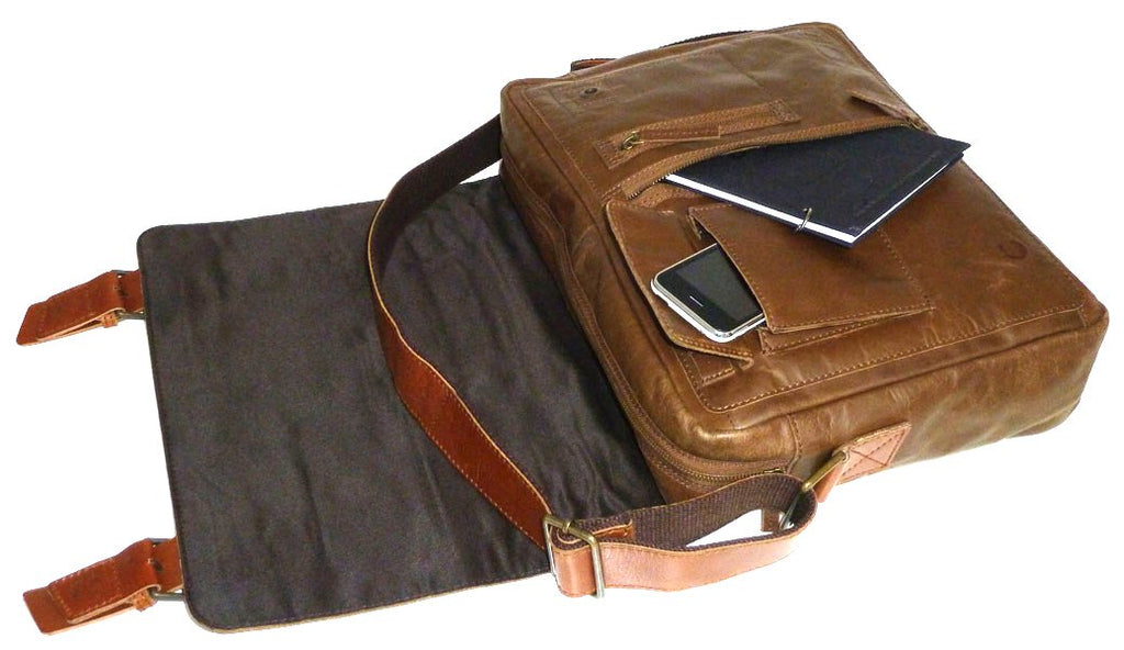 UBERBAG OLIVE BROWN/ TAN LEATHER MILITARY MESSENGER / MAN BAG