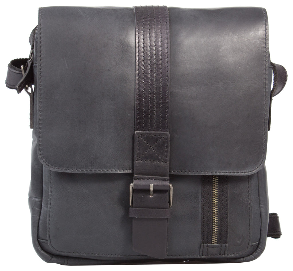 UBERBAG GREY BLACK LEATHER MILITARY SMALL N/S MESSENGER / MAN BAG