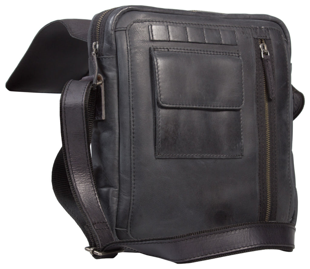 UBERBAG GREY BLACK LEATHER MILITARY SMALL N/S MESSENGER / MAN BAG