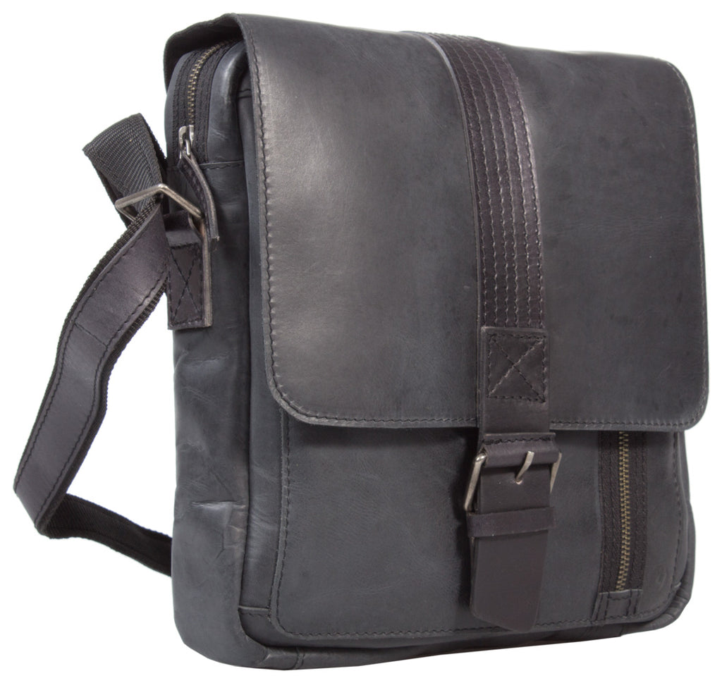 UBERBAG GREY BLACK LEATHER MILITARY SMALL N/S MESSENGER / MAN BAG