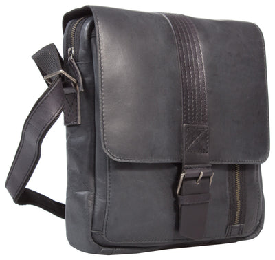 UBERBAG GREY BLACK LEATHER MILITARY SMALL N/S MESSENGER / MAN BAG